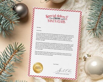 May include: A red and white striped card with a gold seal that says "Official Nice List Certified by Santa Approved". The card has a handwritten letter from Santa Claus to Max, wishing him a Merry Christmas and reminding him to leave milk and cookies for Santa on Christmas Eve.