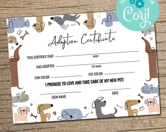 Certificado de adopción de mascota editable: Fiesta de cumpleaños de cachorro (descarga instantánea)
