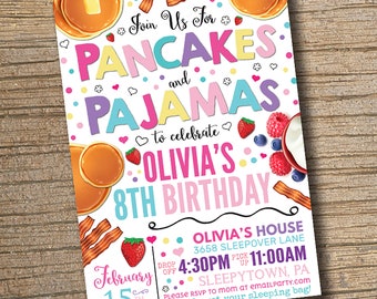 Pancake Birthday Invitation, Pancakes and Pajamas Party Birthday, Digital File, Pancake Party Invite, Any Age, PJ Party WE EDIT, You Print