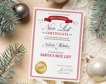 Printable Santa Claus Nice List Certificate, Editable Santa's Official Nice List Document, Nice List Certificate EDITABLE, INSTANT DOWNLOAD