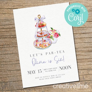 May include: A white invitation card featuring a watercolor illustration of a three-tiered dessert stand with pastries and a bouquet of flowers. Text reads: LET'S PAR-TEA, Olivia is Six!, MAY 15, ABBY'S PARTY ROOM, 7012 SHORE WAY, NOON, RSVP TO OLIVIA'S MOM AT 555.1234, WEAR YOUR PARTY DRESS!