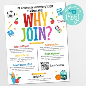 Peut inclure: Une affiche colorée pour l'association des parents d'élèves de l'école élémentaire de Meadowvale, avec le texte "WHY JOIN ?" et diverses illustrations scolaires. L'affiche promeut l'implication des parents, soulignant les avantages.