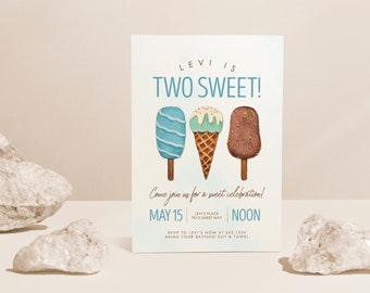May include: A blue and white invitation card with the text "Levi is Two Sweet!" and a graphic of three ice cream treats. The invitation includes details for a birthday party on 15th May at noon.