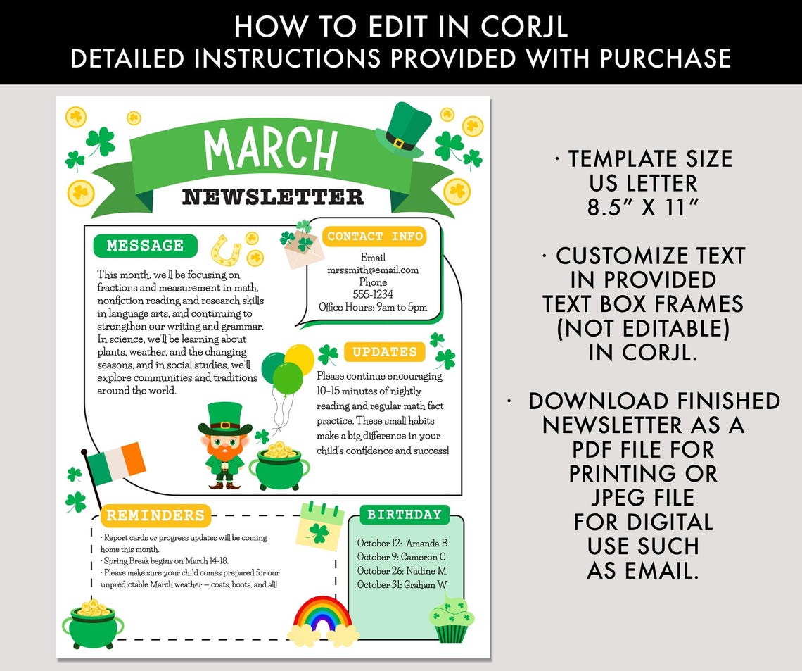 St. Patrick's Day Classroom Newsletter Template (editable in Corjl) - Etsy