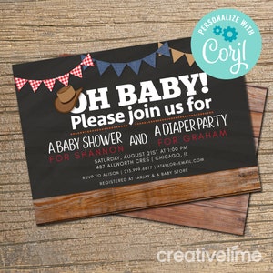 EDITABLE, INSTANT DOWNLOAD Couples Baby Shower Invitation, Co-ed Baby Shower Invite, Diaper Party, Lil&#39; Cowboy, Bbq Baby Shower Invite