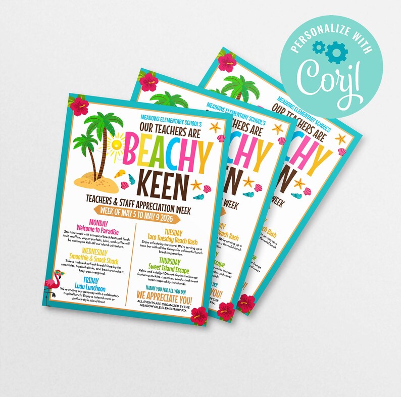 Editable Beach Theme Teacher & Staff Appreciation Sun Itinerary Flyer ...