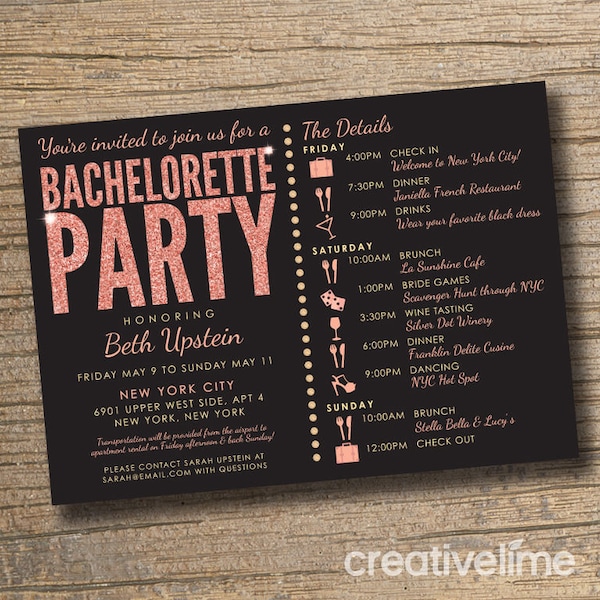 Bachelorette Party Invite, Stagette Party Invite, Gold Glitter Bachelorette Invitation, Rose Glitter Invitation (Customizable & Printable)