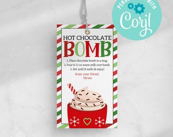 Etiqueta de regalo editable con forma de bomba de chocolate caliente: Regalo navideño para el vecino y el maestro (descarga instantánea)