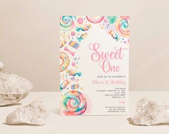 Sweet One Birthday Invitation: Pastel Candy Lollipops (EDITABLE INSTANT DOWNLOAD)