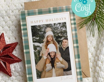 Plaid Holiday Photo Card Template | Green & Cream (Corjl Editable)