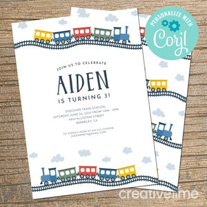 May include: A train-themed birthday invitation for a boy named Aiden turning 3. The invitation features a colorful train with blue, green, yellow, and red cars on a blue track. The text on the invitation reads "Join us to celebrate Aiden is turning 3! Discover Train Station Saturday, June 24, 2023 from 11am-2pm 9854 Alliston Street Berkeley, CA To Aiden's Mom at 454-555-559580r Aidenparty@email.com"