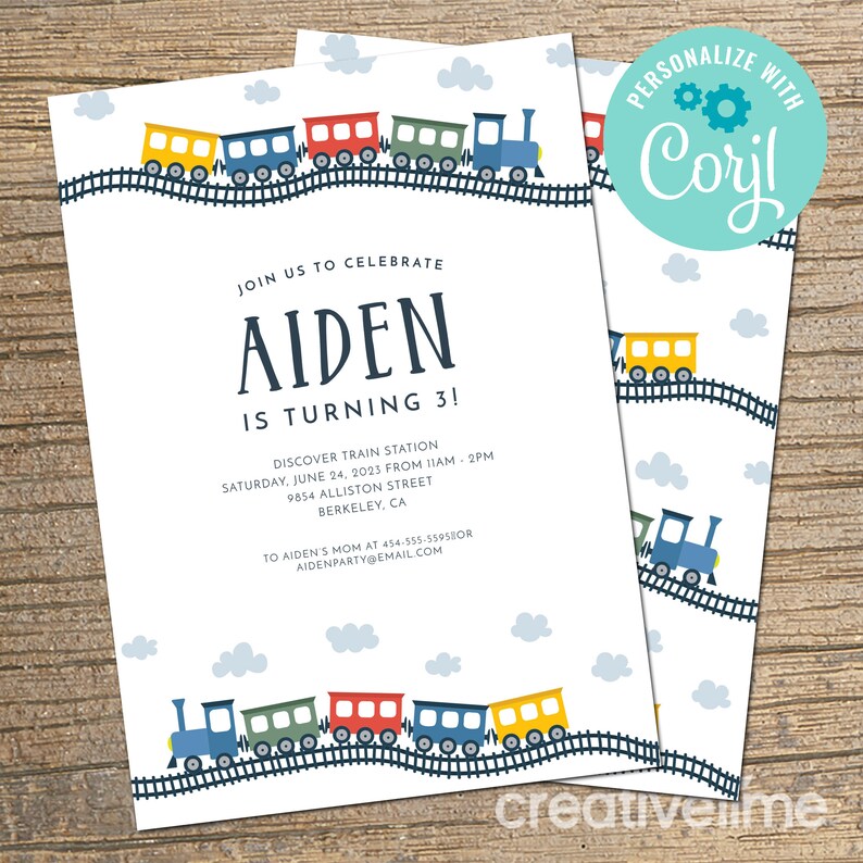 May include: A train-themed birthday invitation for a boy named Aiden turning 3. The invitation features a colorful train with blue, green, yellow, and red cars on a blue track. The text on the invitation reads "Join us to celebrate Aiden is turning 3! Discover Train Station Saturday, June 24, 2023 from 11am-2pm 9854 Alliston Street Berkeley, CA To Aiden's Mom at 454-555-559580r Aidenparty@email.com"