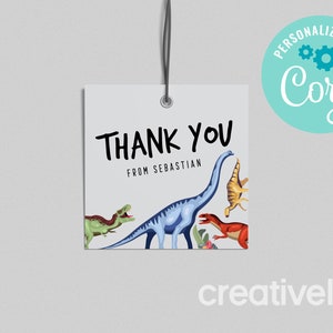 Etiqueta de lembrança de aniversário de dinossauro, festa de dinossauro, aniversário de dinossauro, dinossauro T Rex de menino, etiqueta de agradecimento EDITÁVEL, DOWNLOAD INSTANTÂNEO