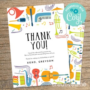 EDITABLE, INSTANT DOWNLOAD Music Birthday Thank You Card, Music Party Sing and Dance, Musical Instruments Thank You Card, Music Band Thanks