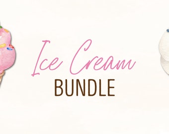 Puede incluir: Dos conos de helado de acuarela con chispas de colores. Los conos están sobre un fondo blanco con el texto "Ice Cream Bundle" en marrón y rosa.