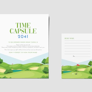 Golf verjaardag tijdcapsule kaart en teken, gat in één tijdcapsule, golfen, hole-in-one partij digitale sjabloon BEWERKBAAR, INSTANT DOWNLOAD