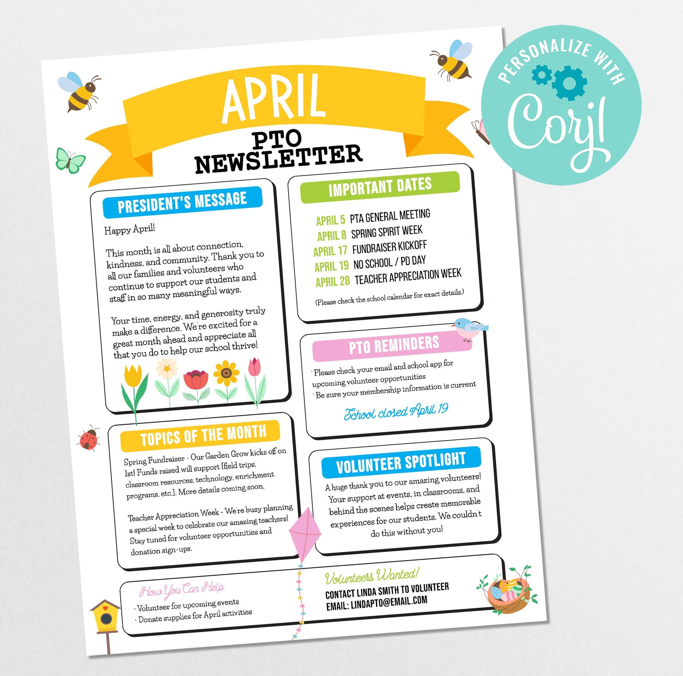 April PTO Newsletter Template, Spring Theme Editable Flyer (corjl) - Etsy