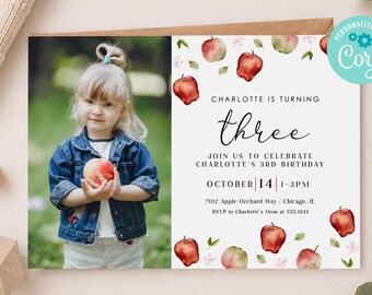 Apple Birthday Invitation Editable Template, Apple Orchard Birthday Invite, Watercolor Apple Party Invitation, Girl Birthday Invite, Any Age