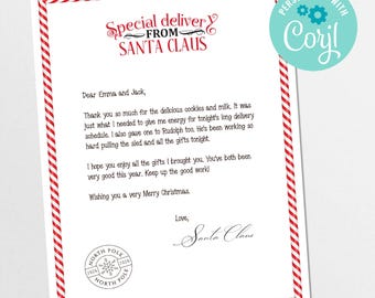 May include: A letter from Santa Claus with a red and white candy cane striped border. The text reads Special delivery FROM SANTA CLAUS, Dear Emma and Jack, and includes a North Pole 2026 circular stamp. A teal circular badge says PERSONALIZE WITH Corjl.