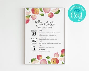Peach Meilensteintafel zum 1. Geburtstag: Bearbeitbares Stats-Zeichen (Digitaler Download)