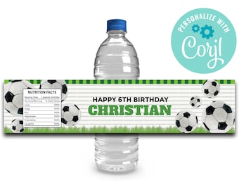 Etiquetas para botellas de agua de cumpleaños de fútbol: Decoración editable para fiestas (descarga instantánea)