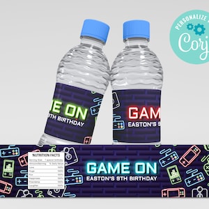 Video Game Birthday Party Water Bottle Labels Editable Gaming Birthday Decorations Neon Game Party Template Corjl EDITABLE, INSTANT DOWNLOAD