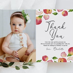 Peach Birthday Photo Thank You, Little Peach Girl First Birthday Watercolor Peaches Sweet as a Peach  Peach Thank EDITABLE, INSTANT DOWNLOAD