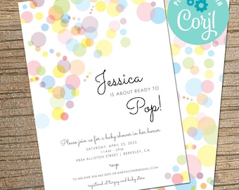 Puede incluir: Una invitación a un baby shower con un diseño de confeti colorido. La invitación dice "¡Jessica está a punto de explotar!" e incluye los detalles del evento, incluida la fecha, la hora y la ubicación. También se incluye información de RSVP.