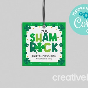 Sie Sham Rock St. Patricks Day Geschenkanhänger, Kinder Studenten Klassenzimmer Lehrer Mitarbeiter Klient Shamrock Favor Tag EDITIERBARER SOFORTIGER DOWNLOAD