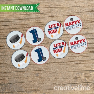 Printable Hockey Cupcake Toppers - Instant Download, Favor Bag Tags, Hockey Party, Cupcake Toppers DIY Printable 12 Circles on 8.5 X 11