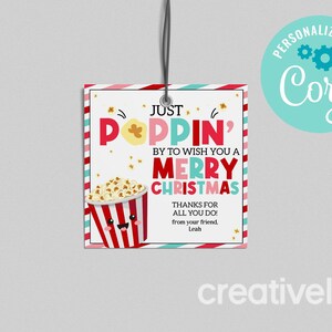 Popcorn Christmas Treat-bagagelabel, kom even langs om je een vrolijk kerstfeest te wensen Tag, afdrukbare bewerking met Corjl BEWERKBARE INSTANT DOWNLOAD