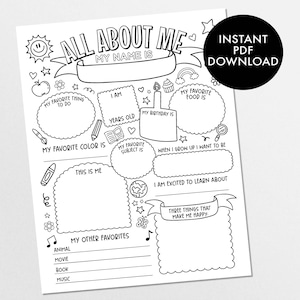 May include: A black and white printable "All About Me" worksheet, designed for children to complete. It includes spaces to write about favourite things, aspirations, and personal details. Features the text "Instant PDF Download".
