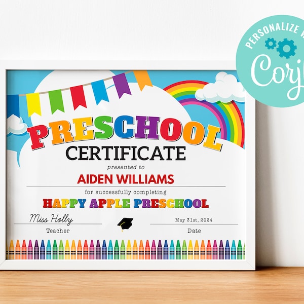 EDITABLE, INSTANT DOWNLOAD Printable Preschool Graduation Certificate, Editable Preschool Certificate, Last Day of Preschool Diploma