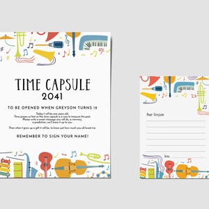 Muziek verjaardag tijdcapsule kaart en teken, muziekfeest zingen en dansen, muziekinstrumenten band party game digitale BEWERKBARE INSTANT DOWNLOAD