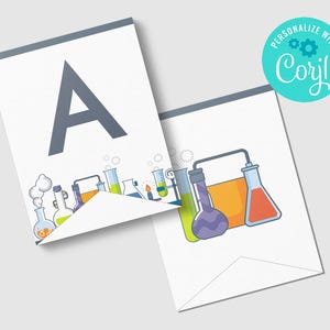 Banner de cumpleaños de ciencia, fiesta científica, ciencia loca, fiesta de científicos, pancarta de cumpleaños con letras de experimentos, EDITABLE, DESCARGA INSTANTÁNEA