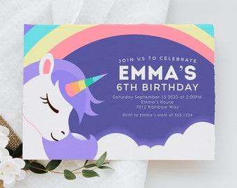 May include: A purple and white unicorn with a rainbow horn on a purple background with white clouds. The text reads "Join us to celebrate Emma's 6th Birthday. Saturday September 15 2023 at 2:00PM. Emma's House. 7012 Rainbow Way. RSVP to Emma's Mum at 555.1234."