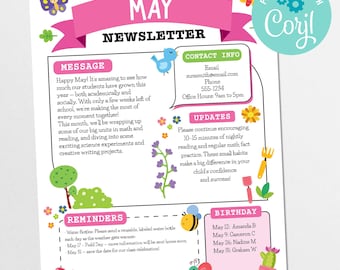 May Classroom Newsletter Template: Spring Teacher Communication (Corjl Printable)