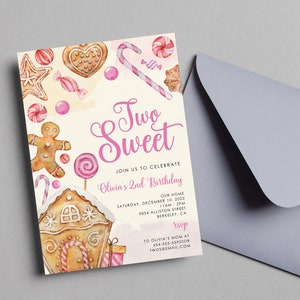 May include: A pink and white invitation card with the text "Two Sweet" and "Olivia's 2nd Birthday". The card features a gingerbread house, gingerbread man, candy canes, and other gingerbread treats.