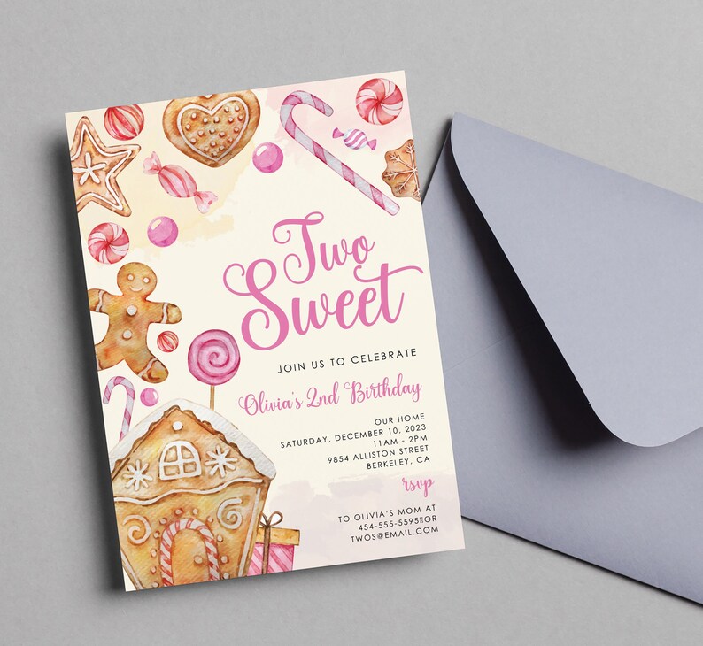 May include: A pink and white invitation card with the text "Two Sweet" and "Olivia's 2nd Birthday". The card features a gingerbread house, gingerbread man, candy canes, and other gingerbread treats.