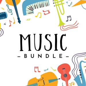 Pode incluir: Uma ilustração colorida de instrumentos musicais, incluindo uma trombeta, um saxofone, um violão, um violoncelo e um xilofone. O texto "MUSIC - BUNDLE -" está escrito em preto no centro da imagem.