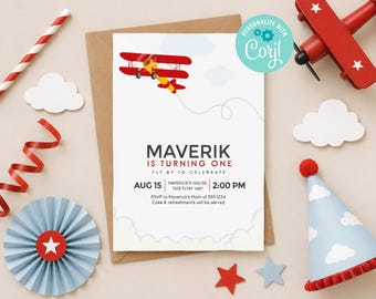 May include: A birthday invitation card featuring a red biplane illustration, white clouds, and text reading MAVERIK IS TURNING ONE, FLY BY TO CELEBRATE, AUG 15, 2:00 PM, MAVERICK'S HOUSE 7012 FLYBY WAY, RSVP to Maverick's Mom at 555.1234.
