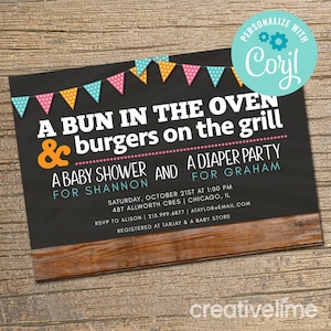 EDITABLE, INSTANT DOWNLOAD Couples Baby Shower Invitation, Co-ed Baby Shower Invite, Diaper Party, Bun in the Oven, Bbq Baby Shower Invite