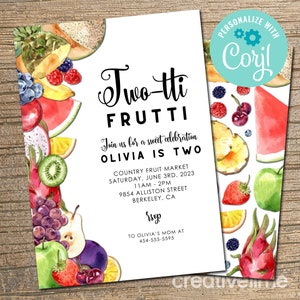 Two-tti Frutti Birthday Invitation, 2nd Birthday, Tutti Frutti Tropical Summer Party, Fruit, Two-tti Frutti Party EDITABLE, INSTANT DOWNLOAD