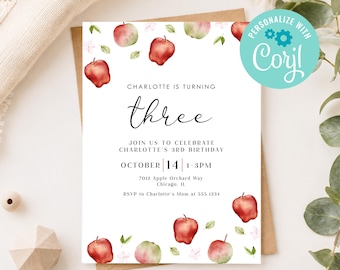 Apple Birthday Invitation Editable Template, Apple Orchard Birthday Invite, Watercolor Apple Party Invitation, Girl Birthday Invite, Any Age