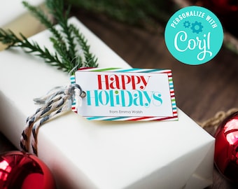 Editable Green Plaid Happy Holidays Gift Tag (Instant Download)