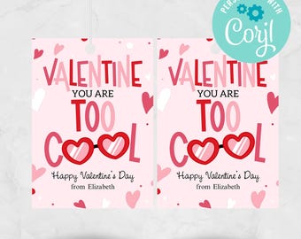 May include: Two Valentine's Day gift tags with a pink background and red and pink hearts. The tags read "VALENTINE, YOU ARE TOO COOL" with heart-shaped sunglasses. The text "Happy Valentine's Day from Elizabeth" is also included.