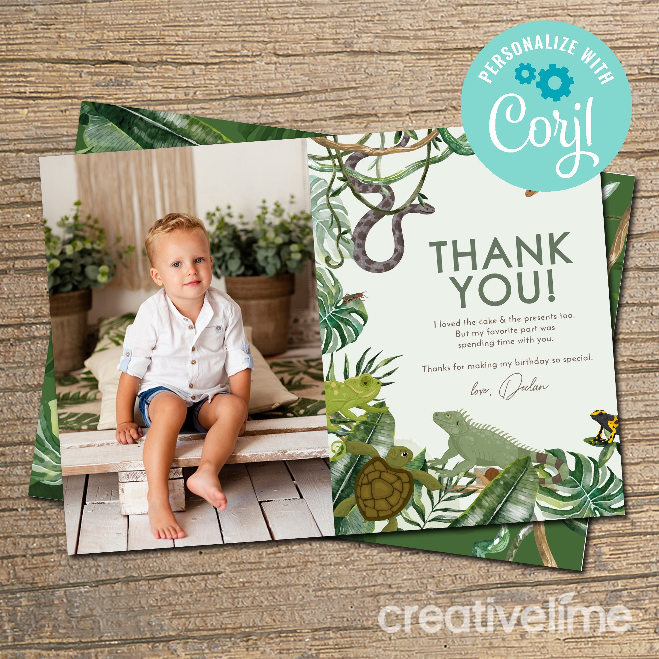 Lizard Thanks Reptile Birthday Thank You Card: Lizards & Snakes (EDITABLE, INSTANT ...