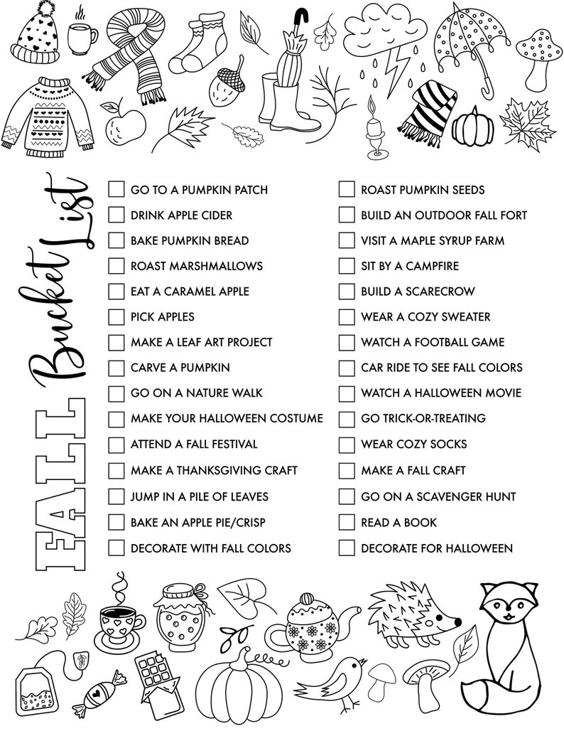 Fall Break Checklist Editable Fall Bucket List Printable: Autumn Activities Checklist ...