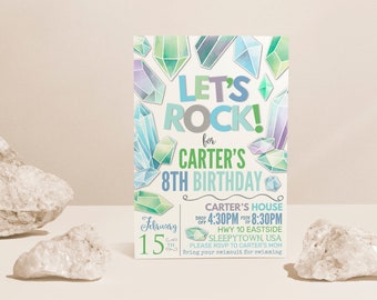 May include: A birthday party invitation with a colorful geometric design featuring crystals and the text "Let's Rock! for Carter's 8th Birthday". The invitation includes the date, time, and location of the party.