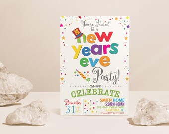 May include: A colourful New Year's Eve party invitation with a festive design. The invitation features a party hat, confetti, and the text "You're Invited to a New Years Eve Party! as we CELEBRATE". The invitation also includes the date, time, and location of the party.